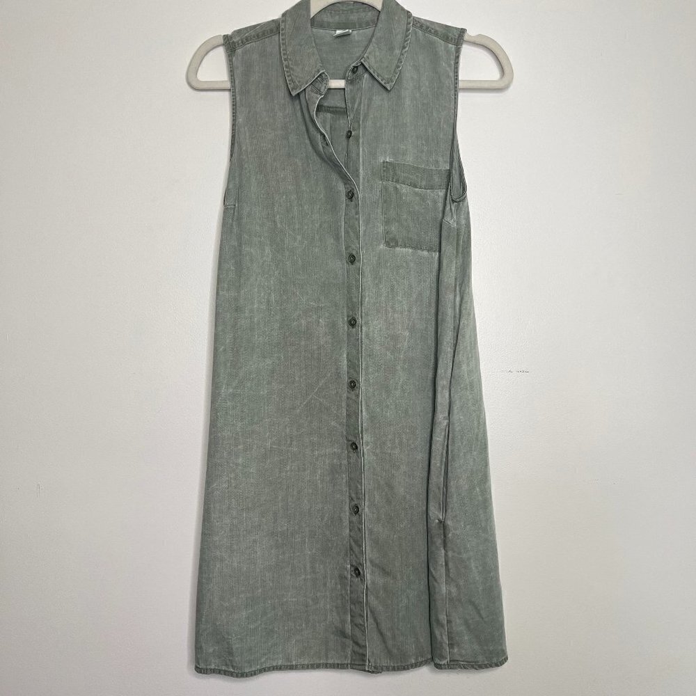 Old Navy Olive Green Gray Tank Swing Shirt Dress Button Front Flowy Loose Pocket